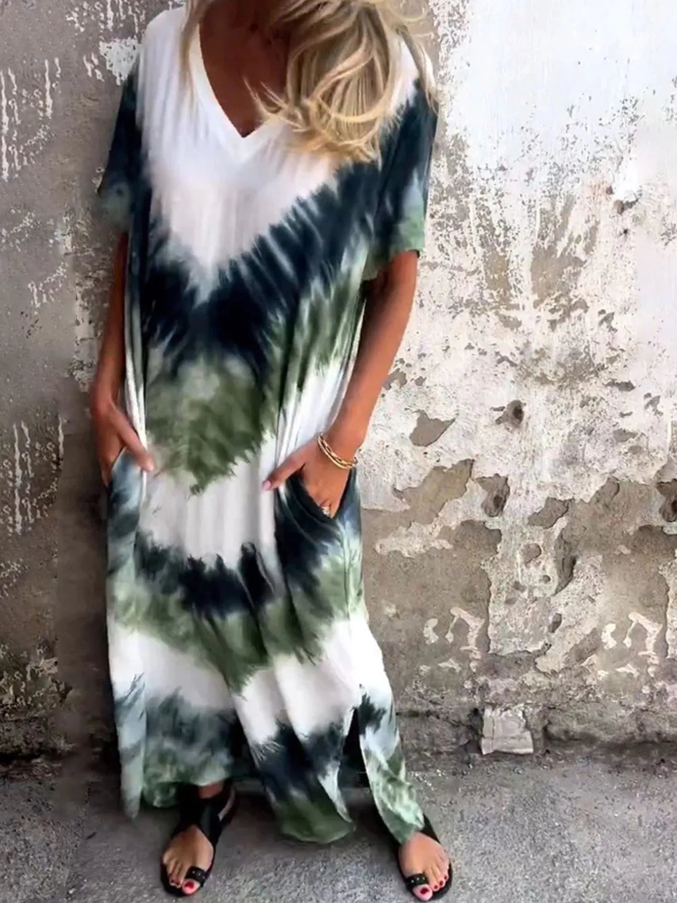 Full Size Tie-Dye V-Neck Midi Dress with Pockets Plus Size