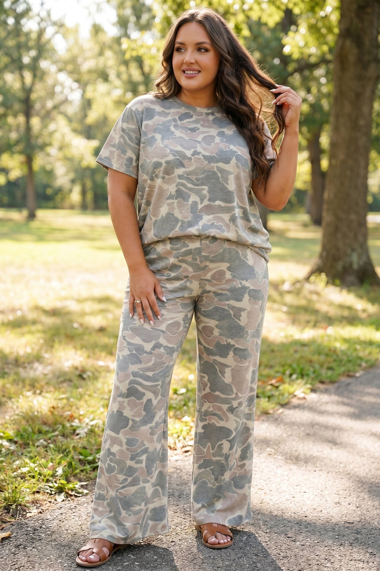 Plus Size Camo Top & Wide Leg Pants Set