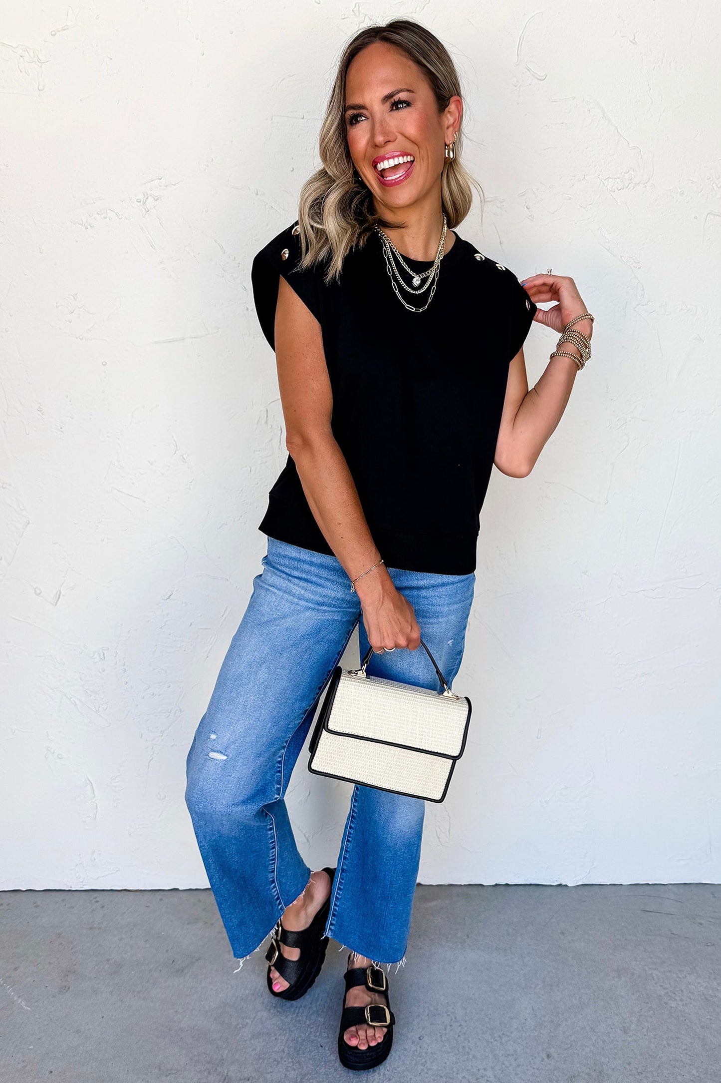 Solid Metal Button Shoulder Short Sleeve Top