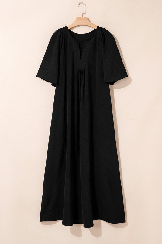 Plus Size Solid Notched Neck Short Sleeve Dress