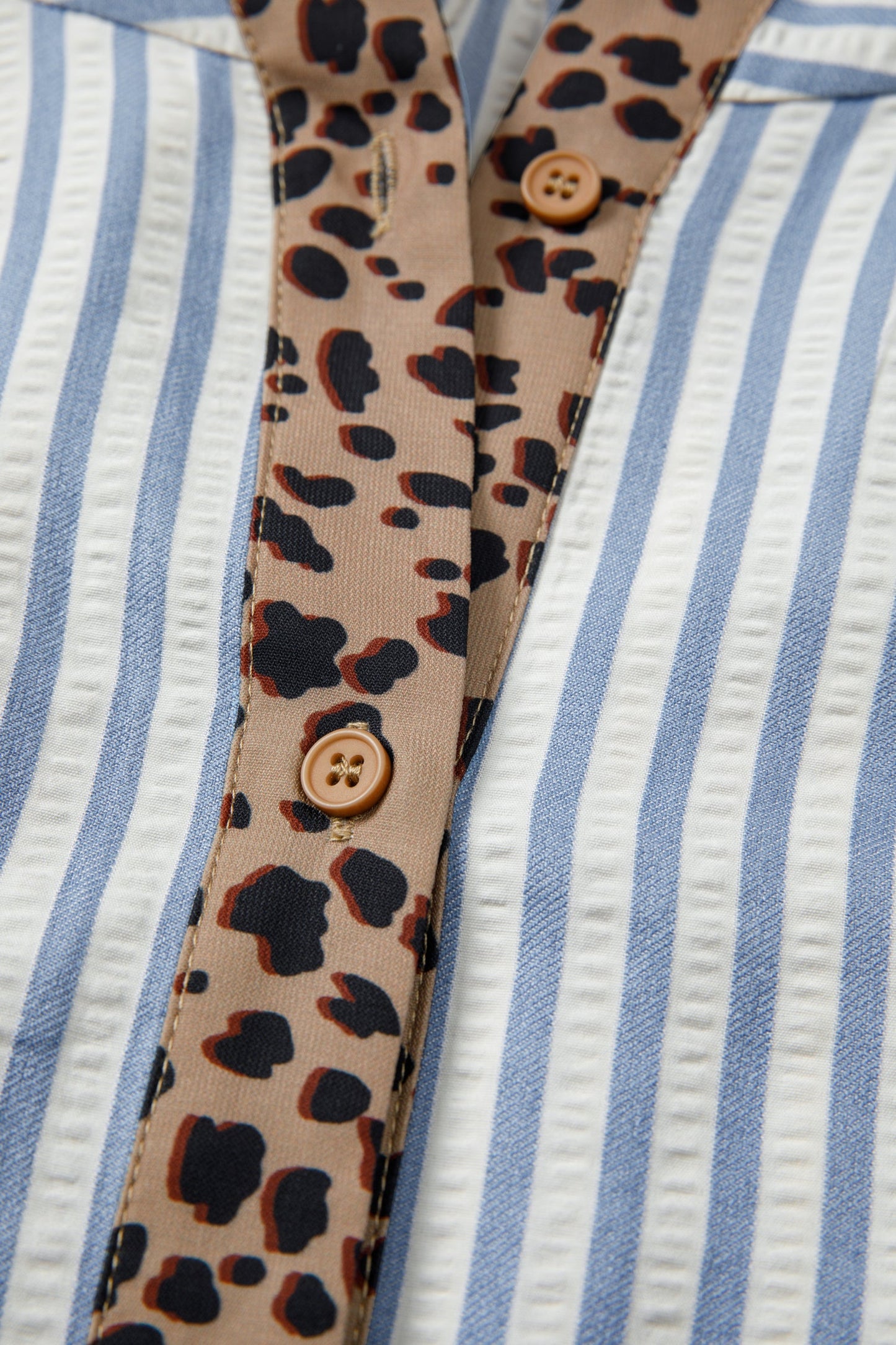 Stripe Leopard Trim V-Neck Buttoned Short Sleeve Shirt