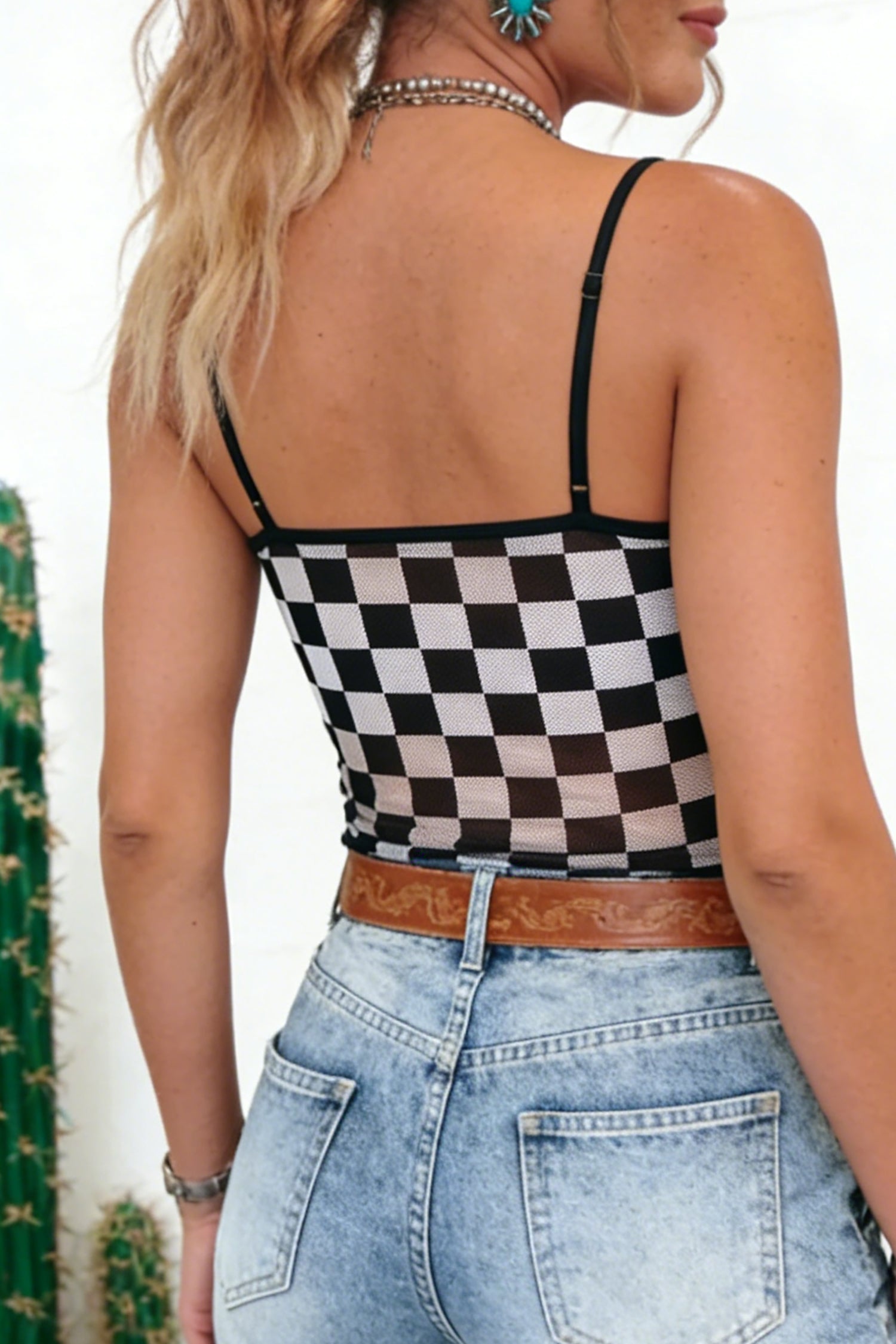 Checker Sheer Mesh Spaghetti Strap Tank Top