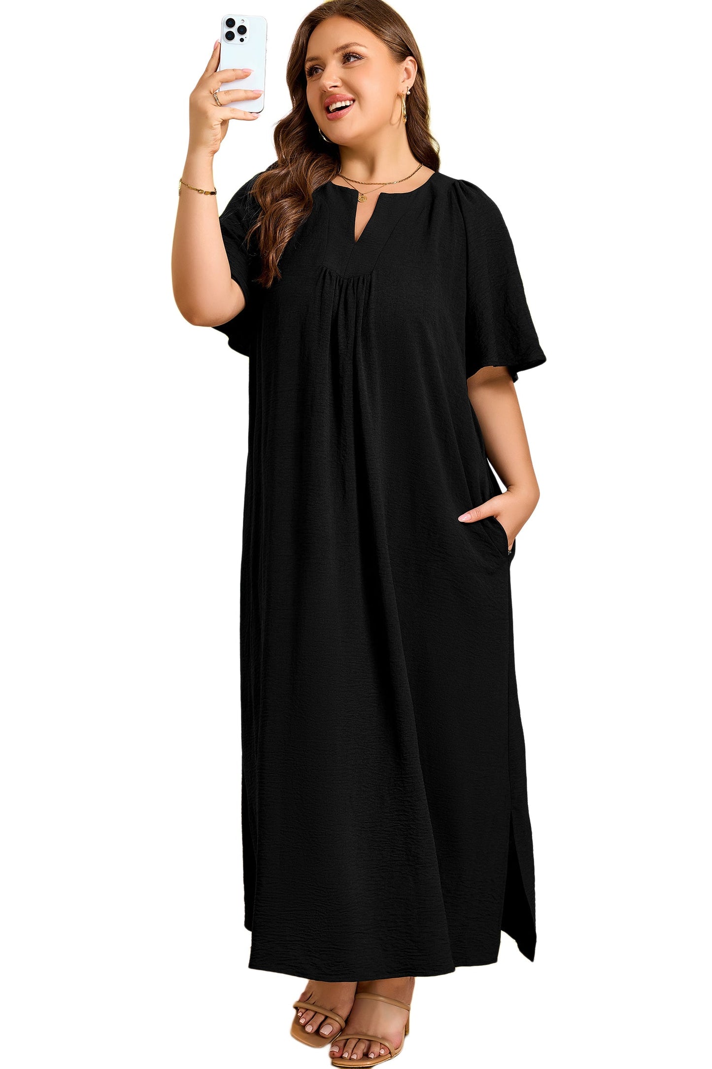 Plus Size Solid Notched Neck Short Sleeve Dress