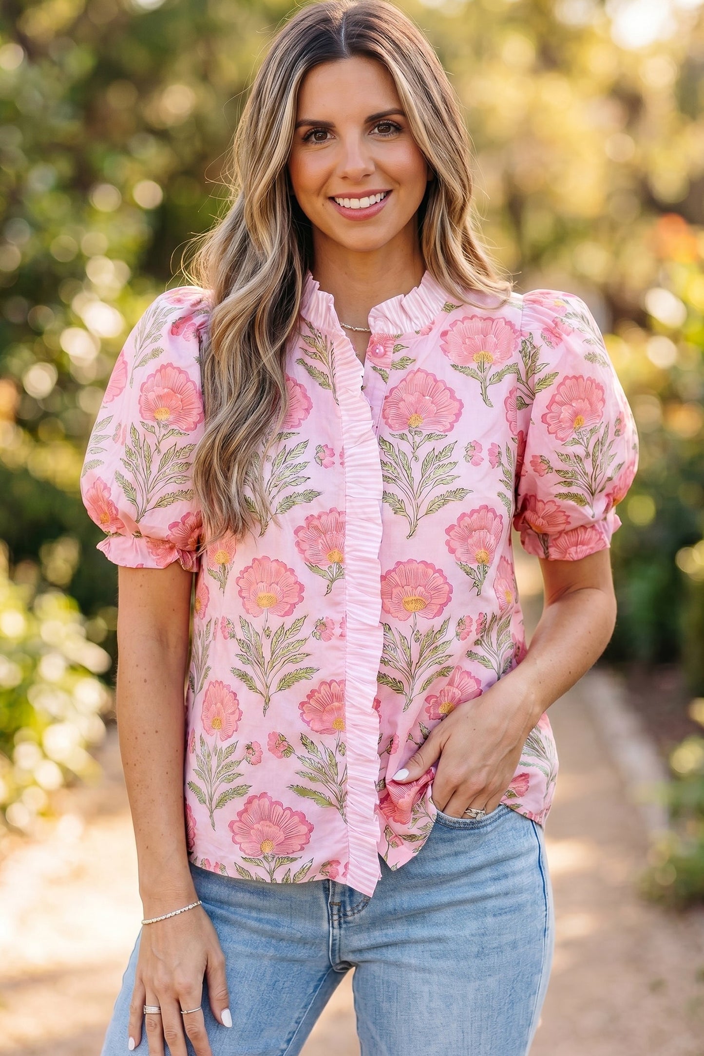 Floral Ruffle Stripe Trim Puff Sleeve Shirt