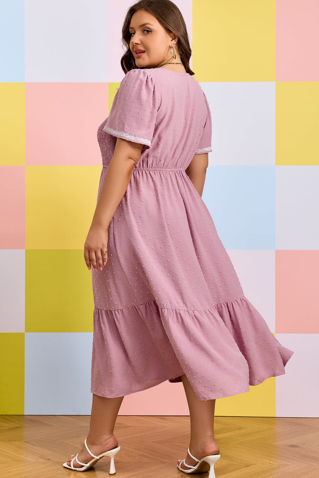 Plus Size Swiss Dot Smocked Flowy Midi Dress