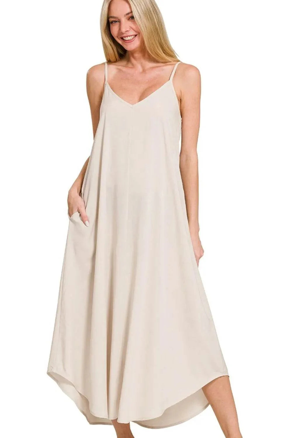 Zenana Woven Arc Hem Cami Dress With Flowy Pockets