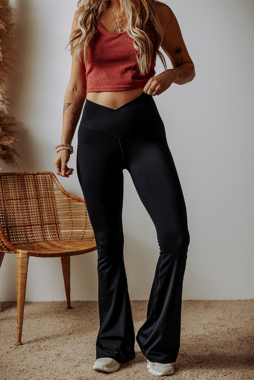 Solid V-Shape High Waist Flared Leggings