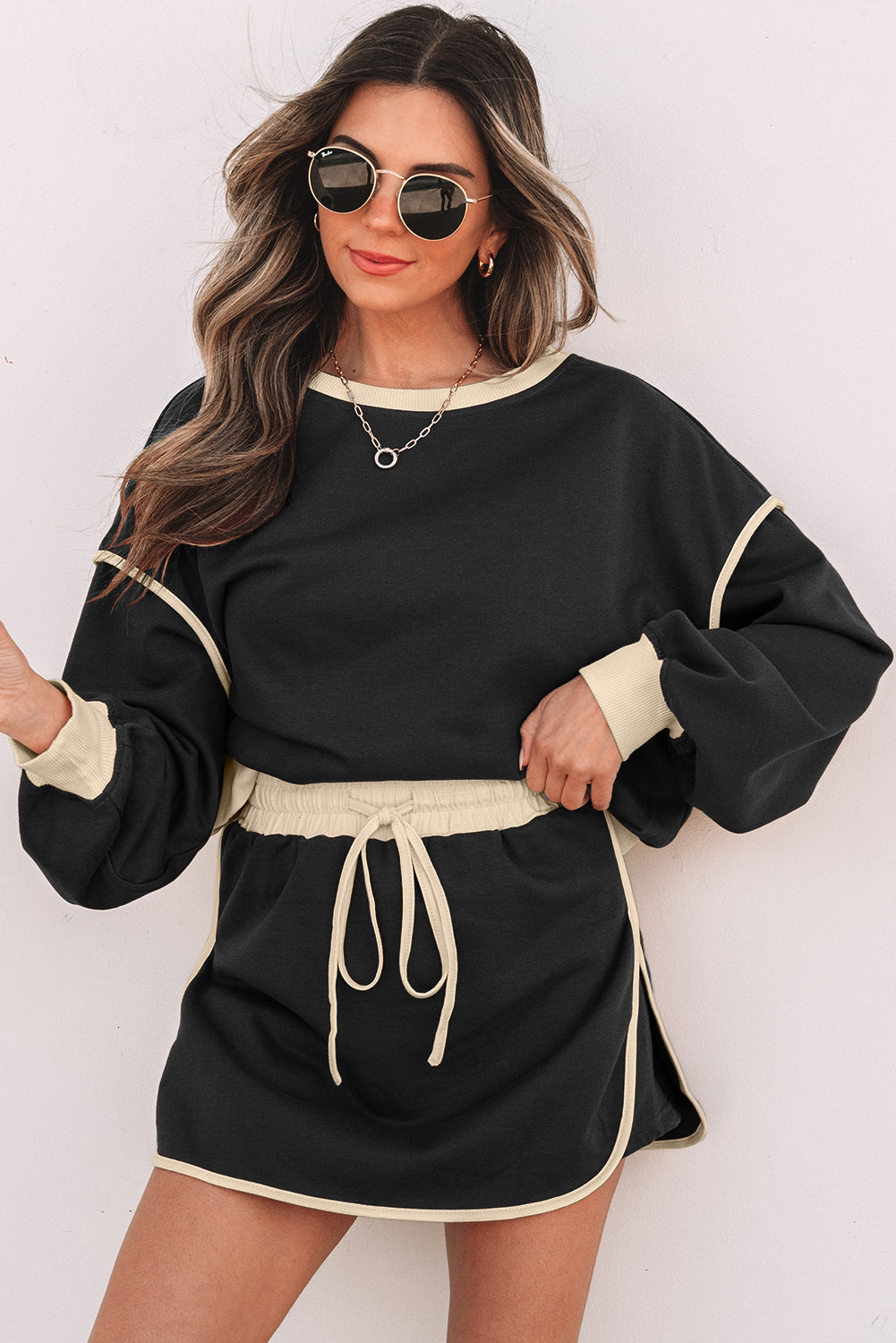 Colorblock Long Sleeve Top and Skort Set