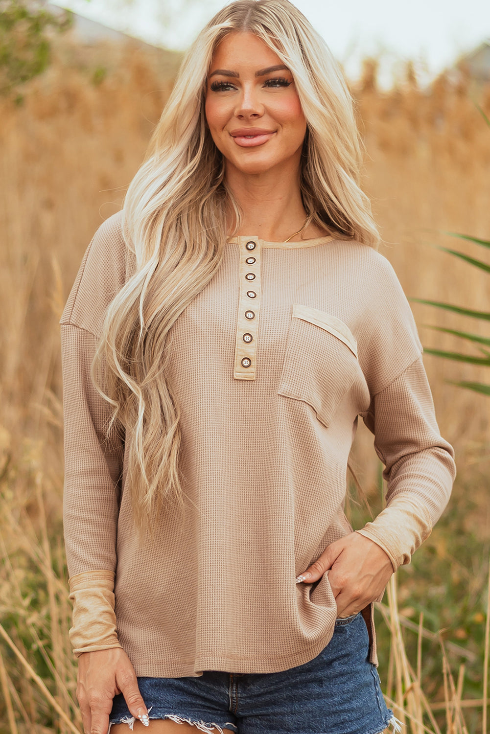 Colorblock Waffle Textured Henley Top