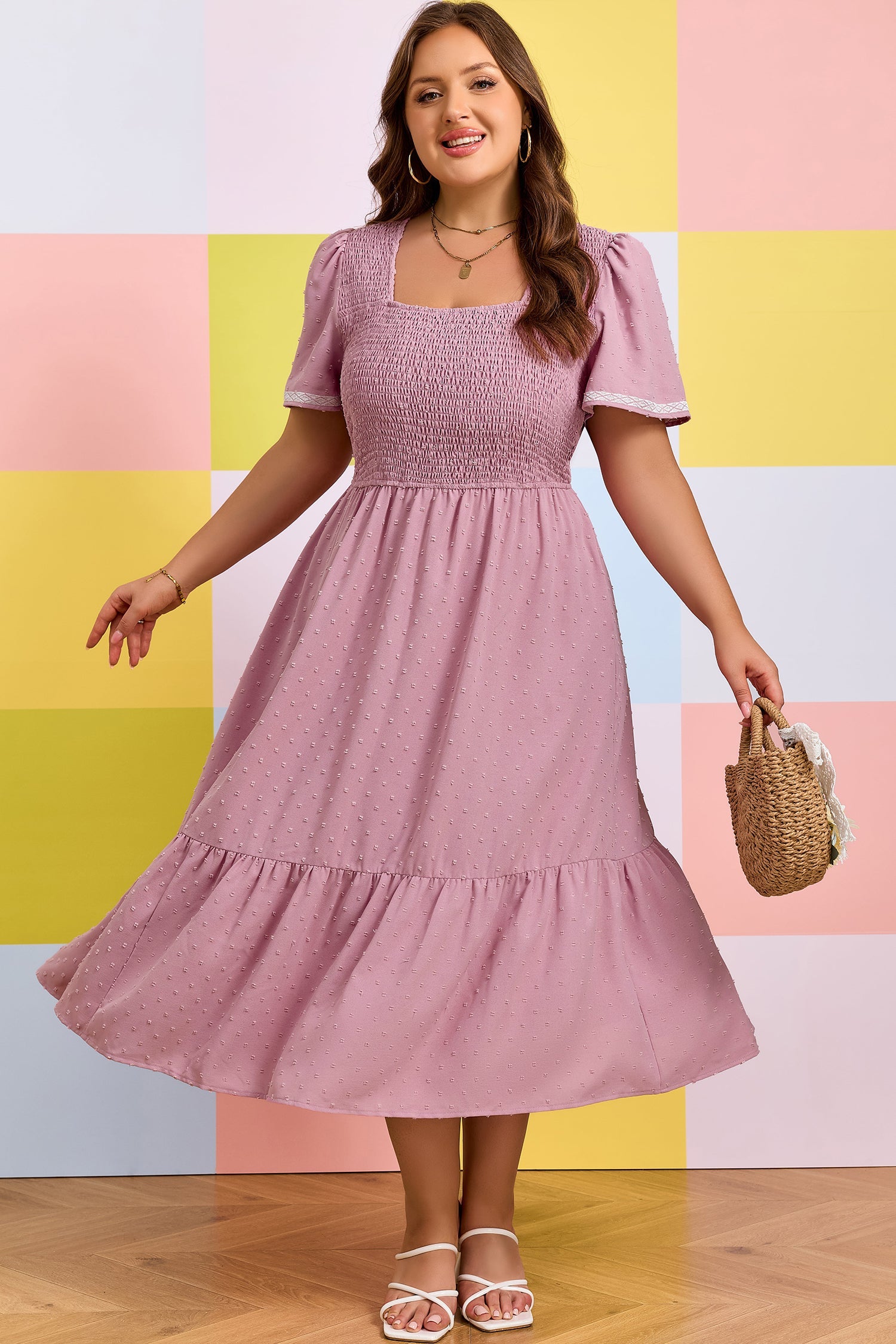Plus Size Swiss Dot Smocked Flowy Midi Dress