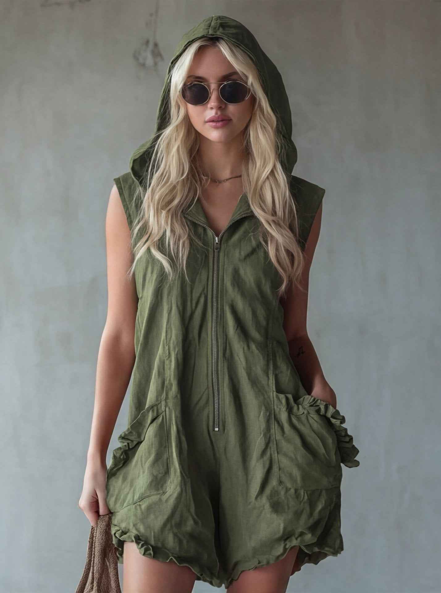 Women's Retro Hooded Zip-Up Sleeveless Cropped Jumpsuit