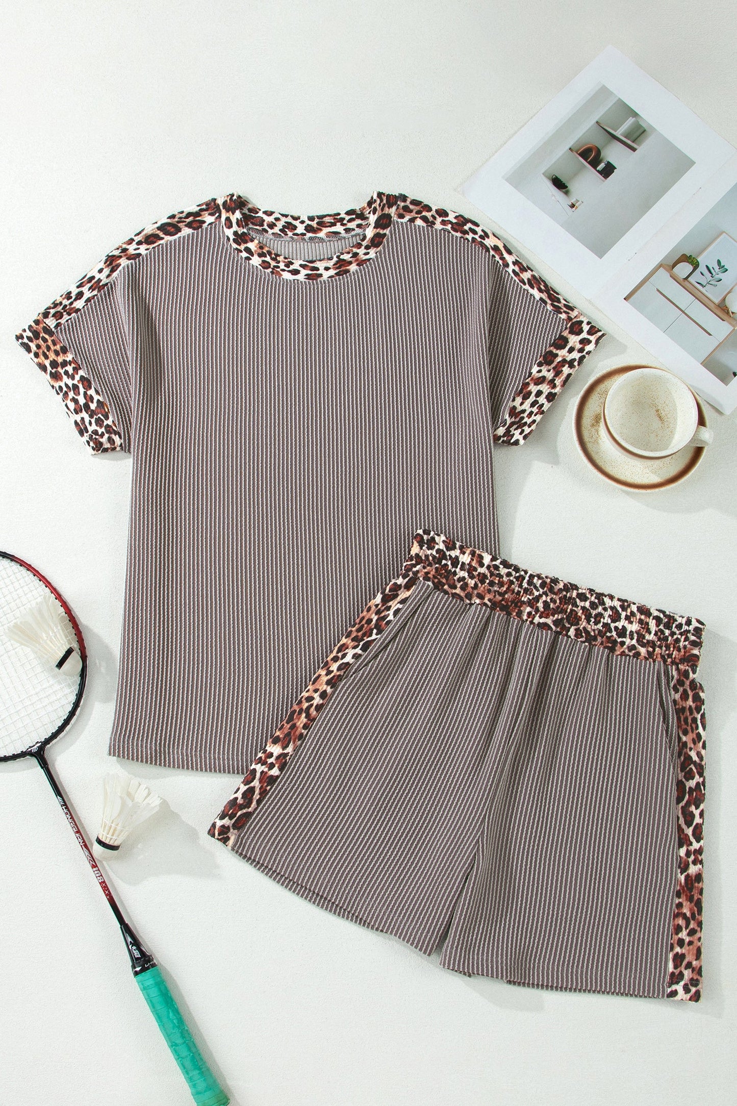 Leopard Trim Corded Top & Shorts Set