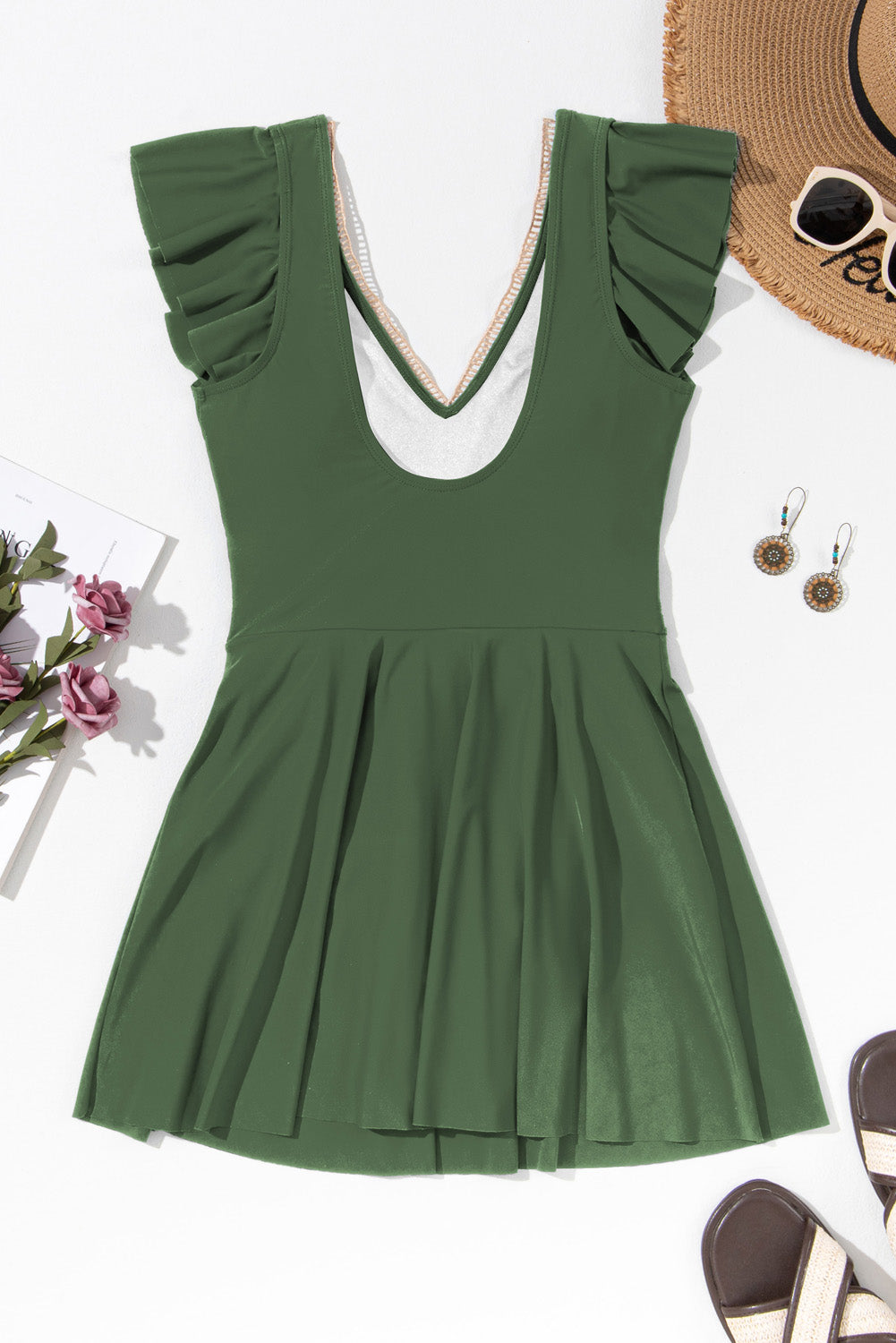 Ruffle Lace Trim V-Neck Short Sleeve Swim Dress