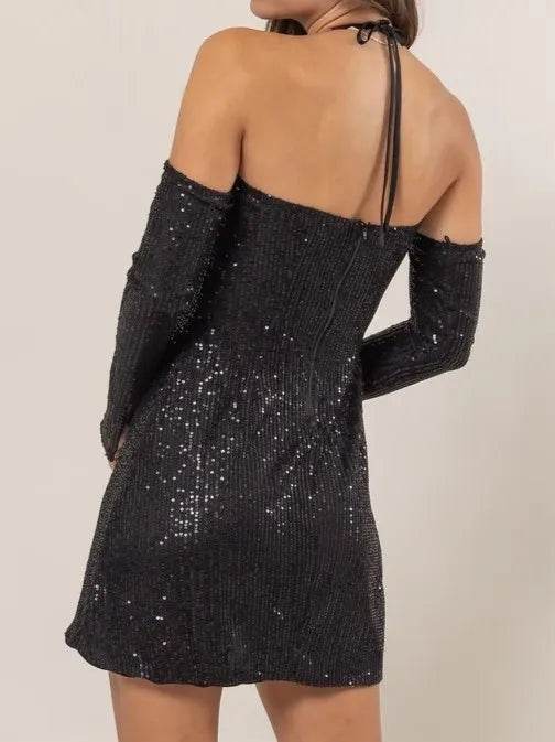 HYFVE Sequin Rosette Halter Mini Dress