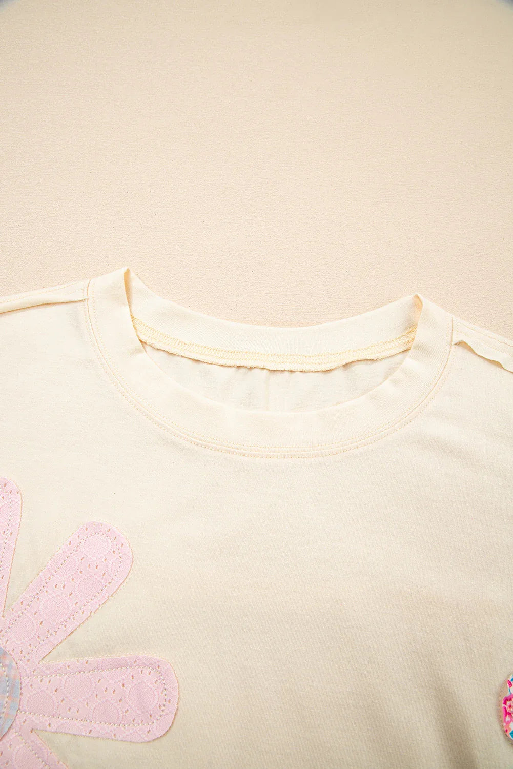 Floral Patch Exposed Stitching Crew Neck Tee