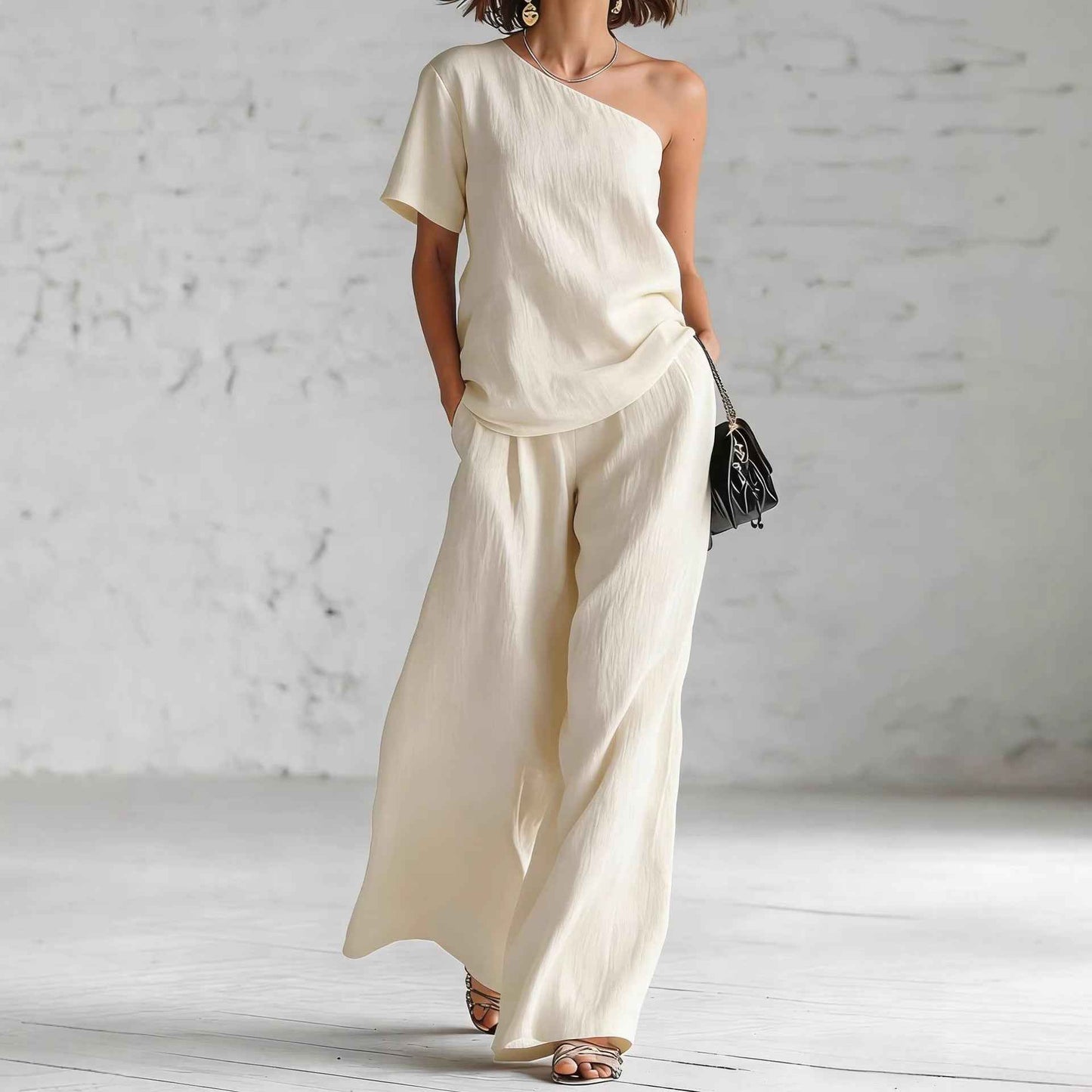 Women's Wide-Leg Pants & Top Set – 2-Piece Three-Quarter Sleeve Outfit