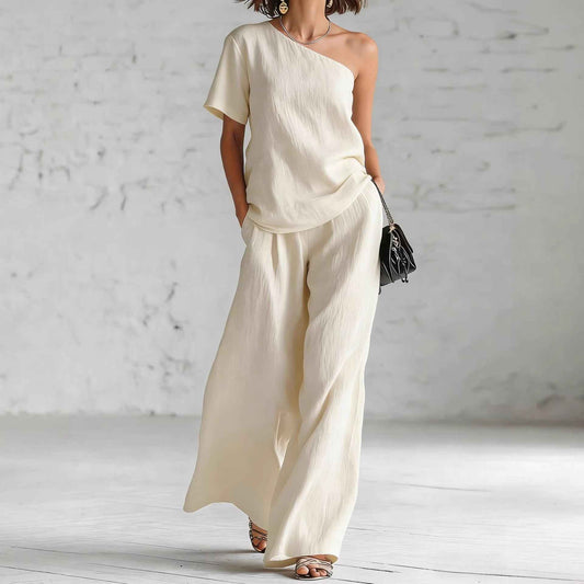 Women's Wide-Leg Pants & Top Set – 2-Piece Three-Quarter Sleeve Outfit