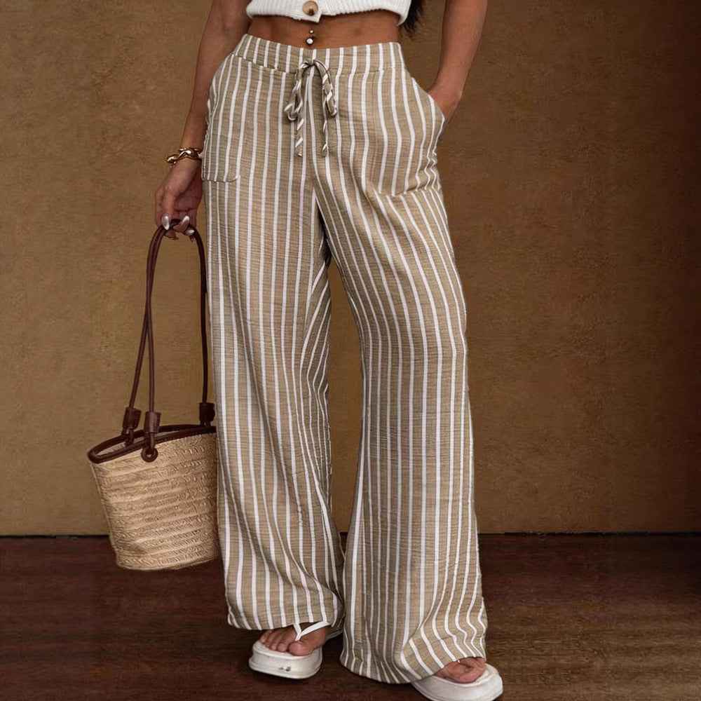 Women's Striped Wide-Leg Trousers – Lace-Up Elastic Waist Loose Fit