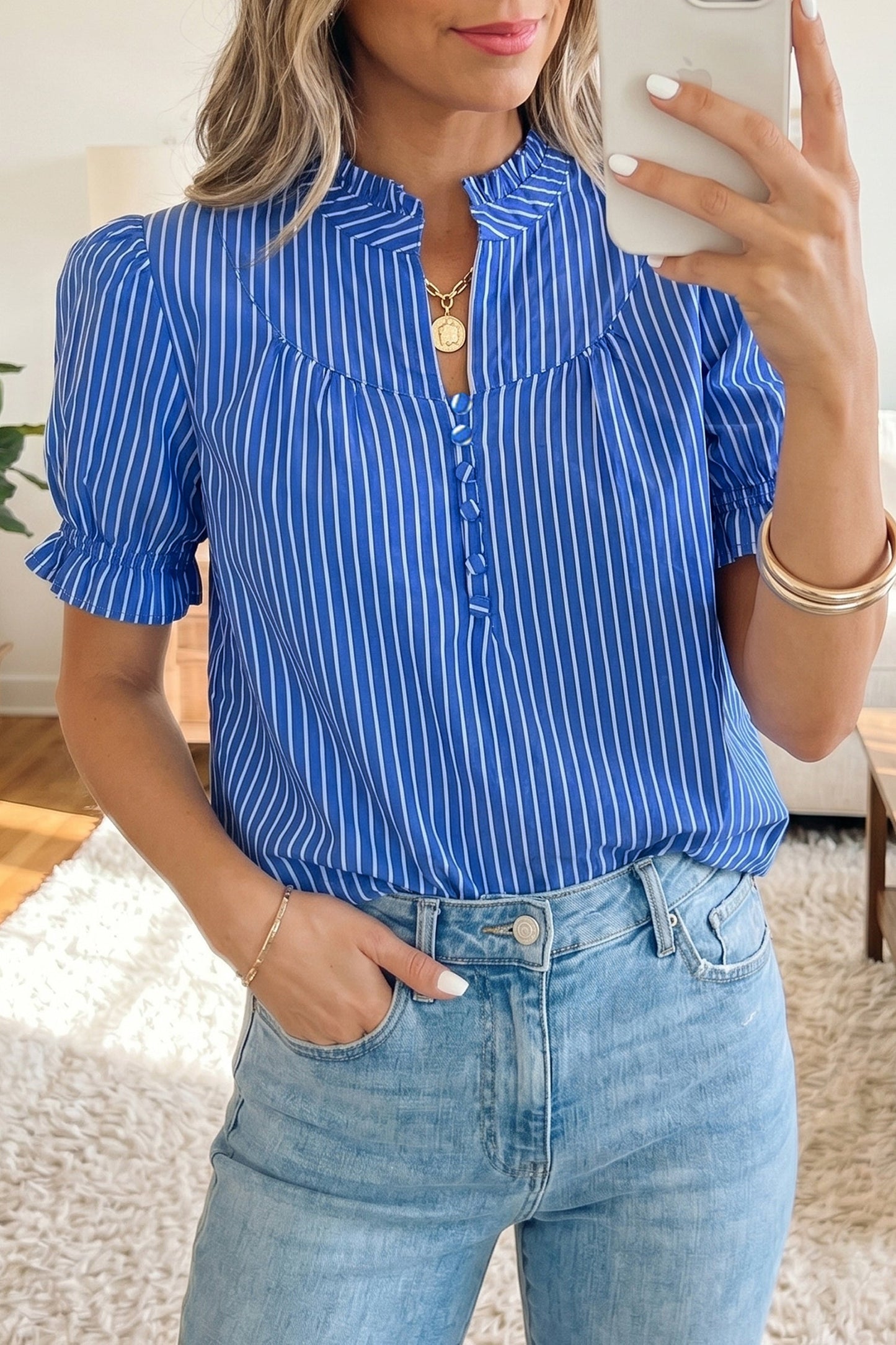 Stripe Ruffle Puff Sleeve Button Front Blouse