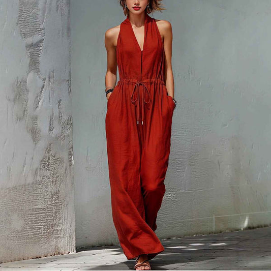 Women's Sleeveless Halter Neck Solid Color Long Jumpsuit