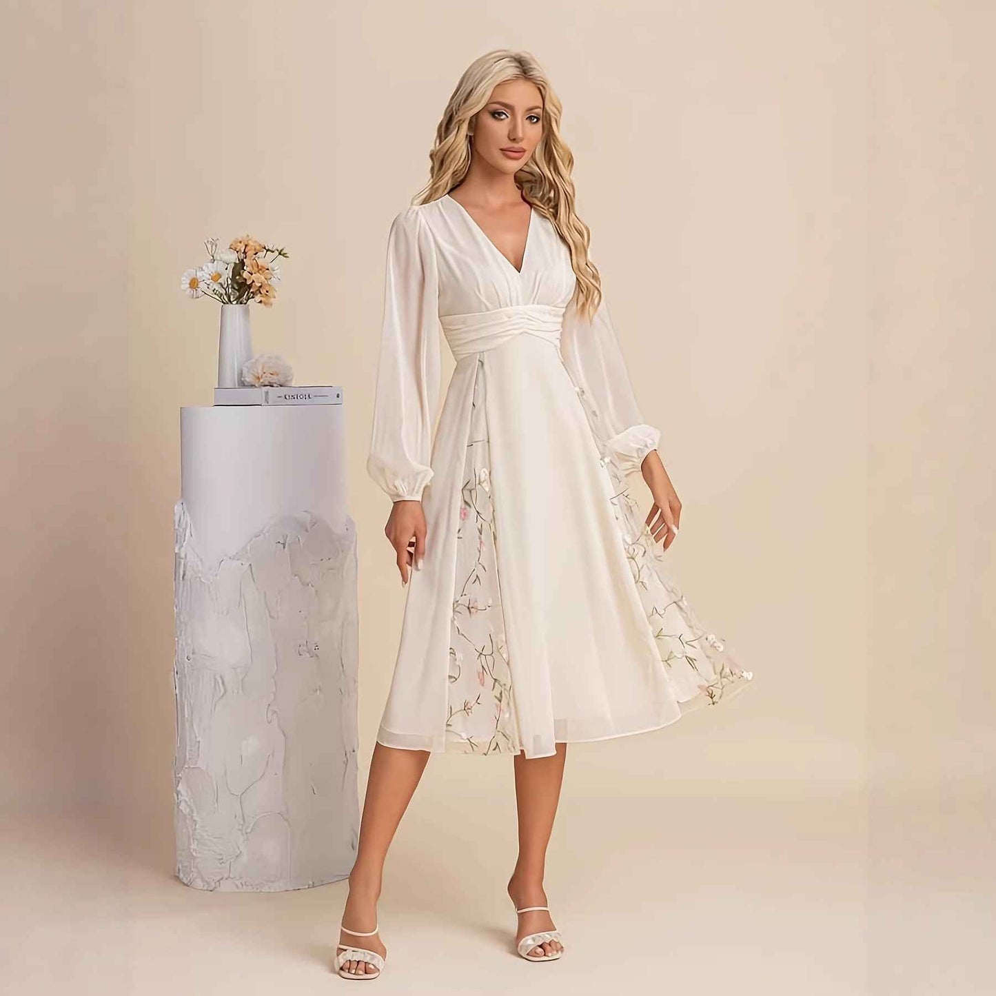 Floral Long Sleeve V-Neck Pleated Midi Dress – High Waist Flared Hem
