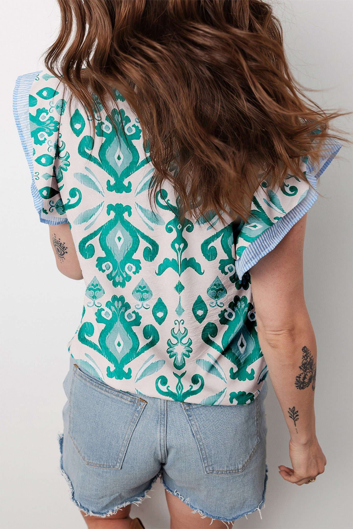 Boho Stripe Trim Flutter Sleeve Top