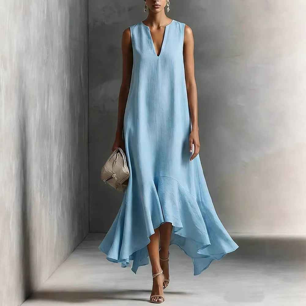 Women's Deep V-Neck Sleeveless Asymmetrical Maxi Dress – Patchwork