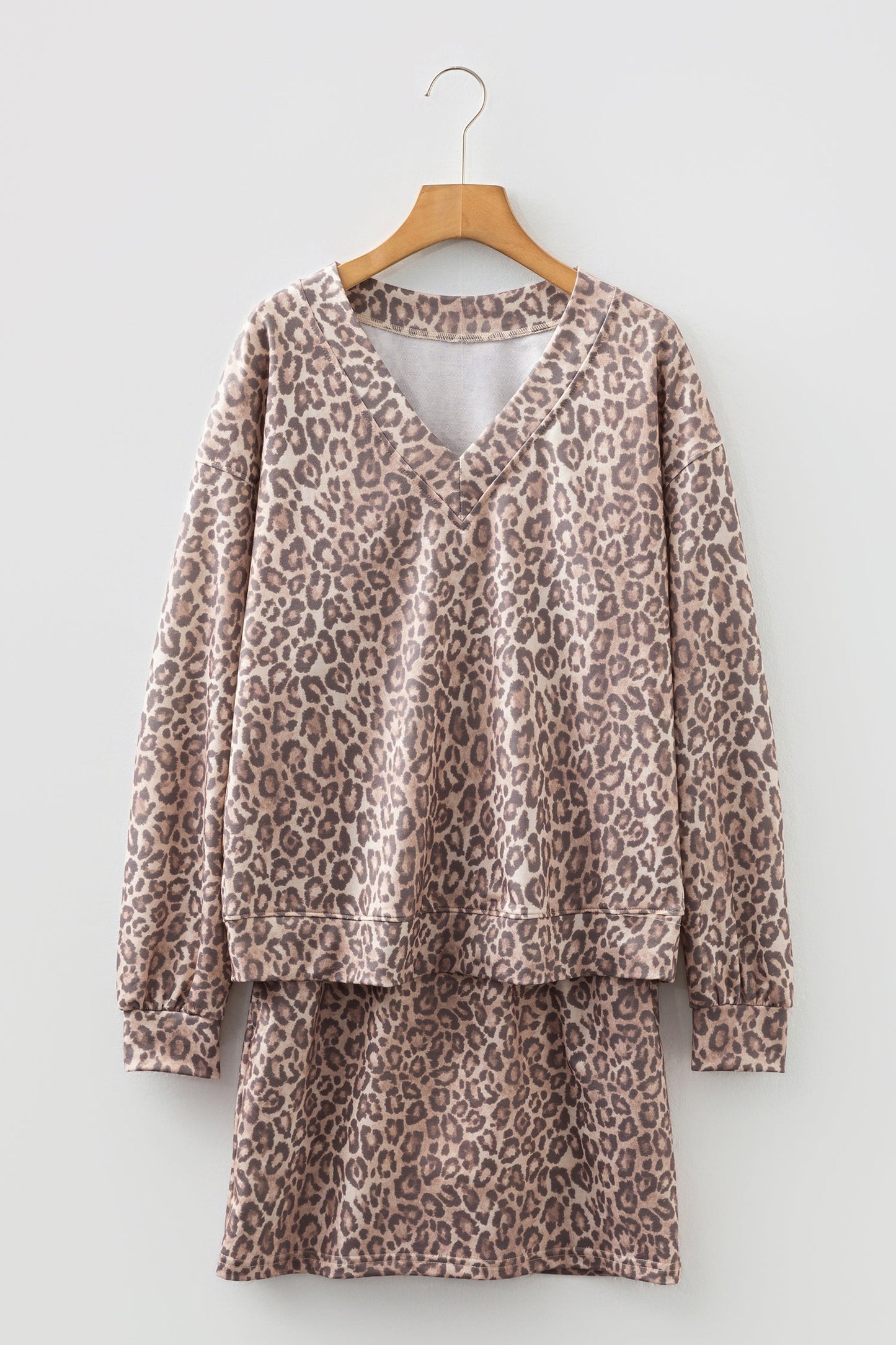 Leopard V-Neck Pullover & Wide-Waistband Skirt Set