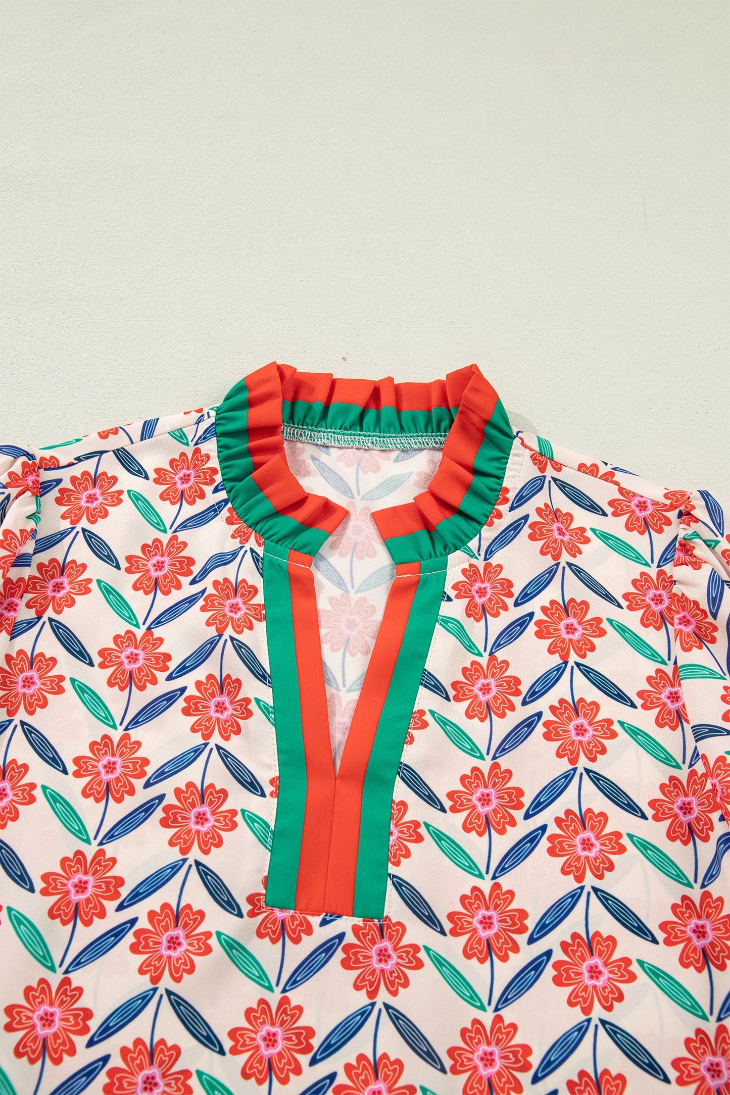 Floral Stripe Detail V-Neck Ruffle Sleeve Blouse