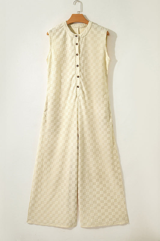 Checker Textured Sleeveless Wide Leg Jumpsuit