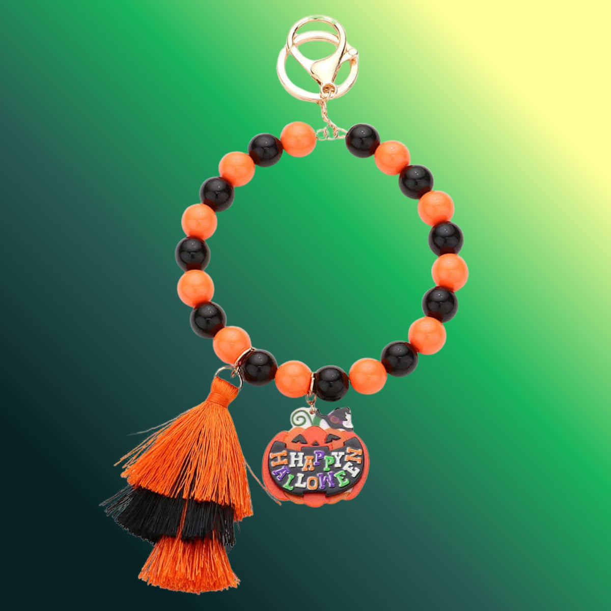 Happy Halloween Pumpkin Tassel Charm Beaded Keychain