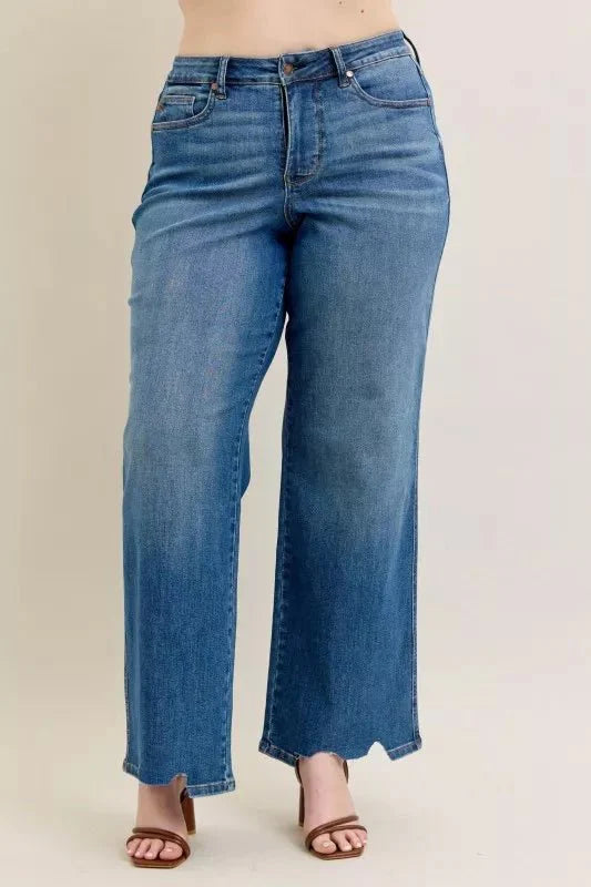 Judy Blue Full Size High Waist Tummy Control Chew Hem Destroy Wide Jeans Plus Size