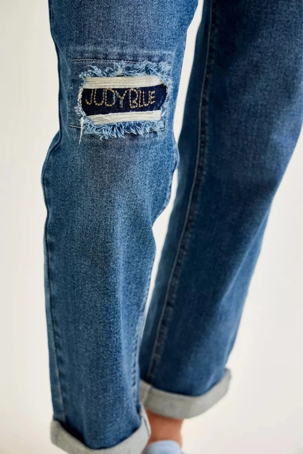 Judy Blue Mid Rise Boyfriend Embroidered Repair Patch Jeans
