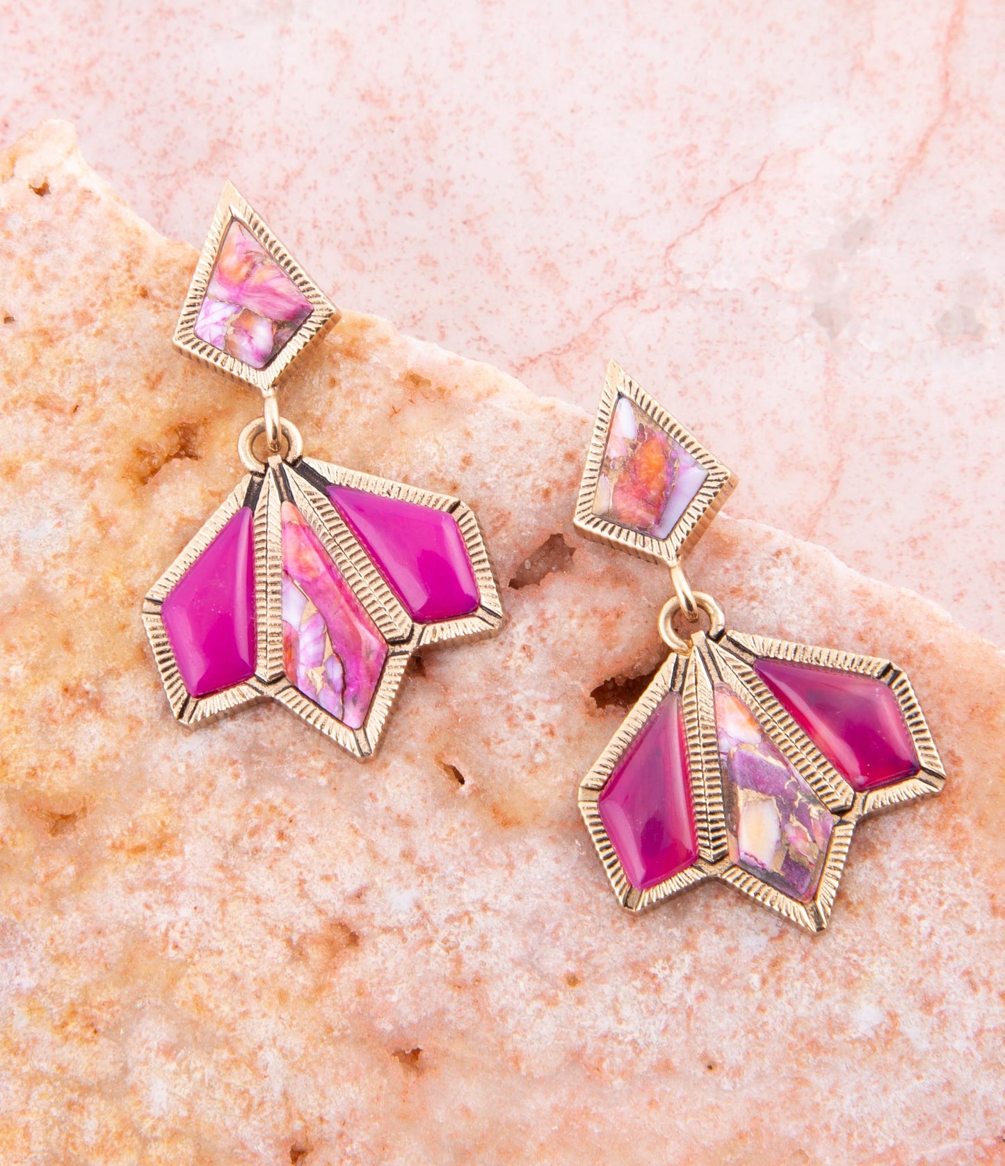 Pink Agate and Shell Matrix Golden Statement Earrings
