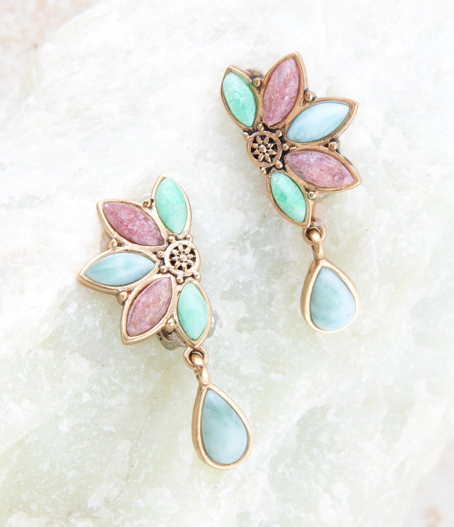 Pink Rhodonite Blue Amazonite and Varacite Petals Golden Clip Earrings