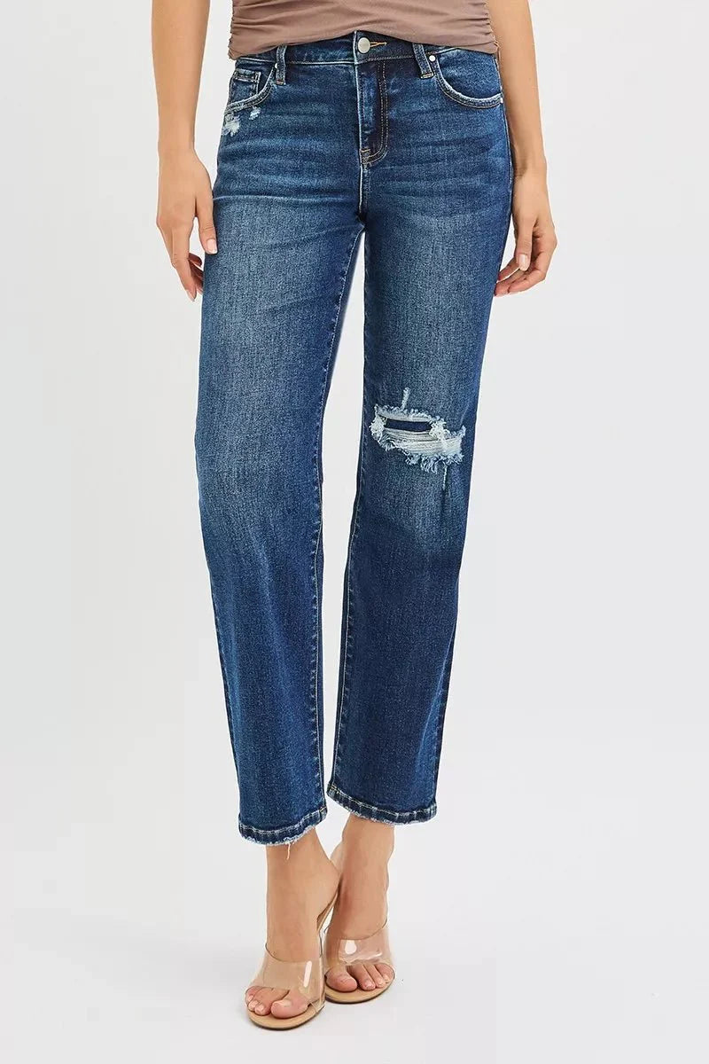 RISEN High Rise Crop Slim Straight Jenas with Hidden Knee Patch