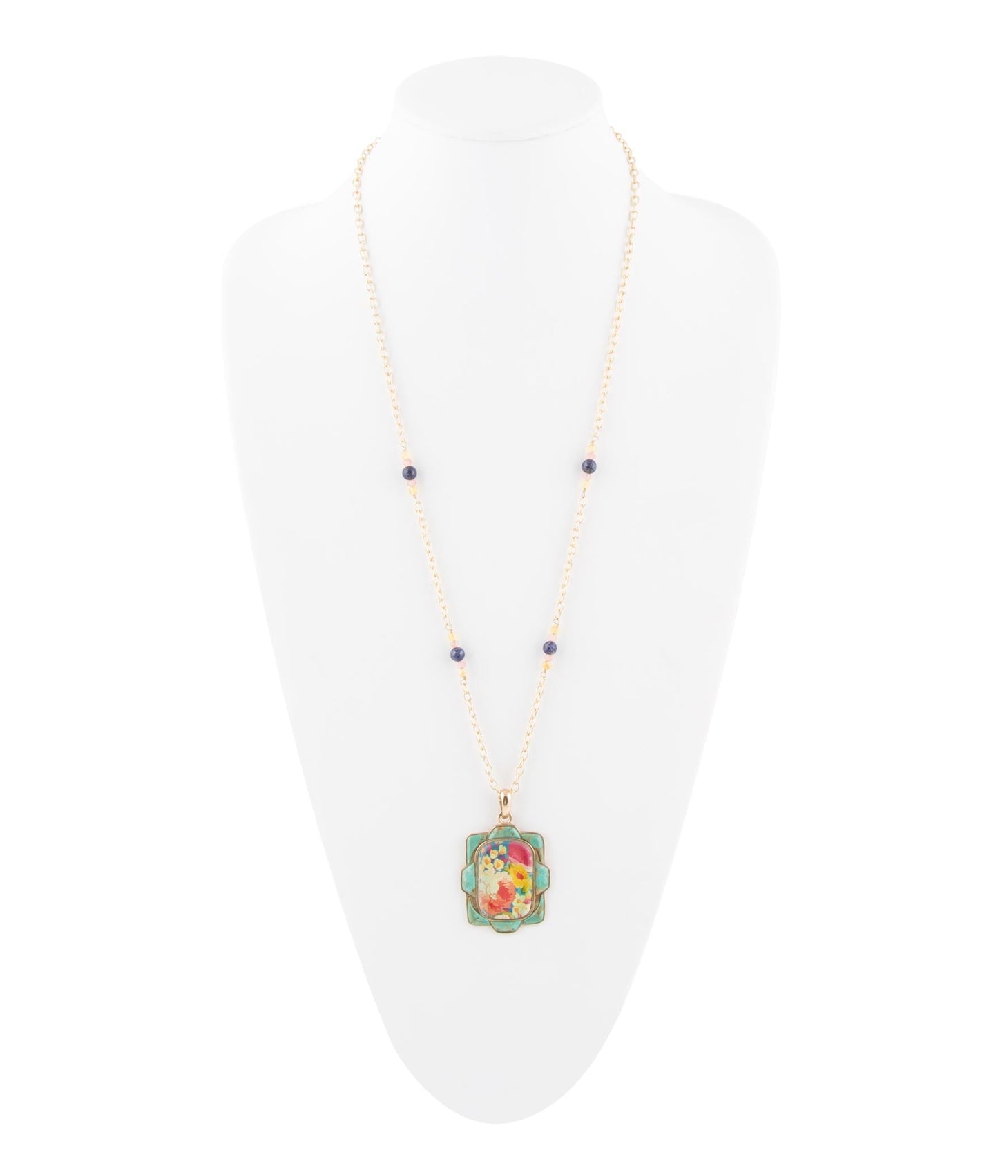 Scenic Floral and Blue Turquoise Golden Pendant Necklace