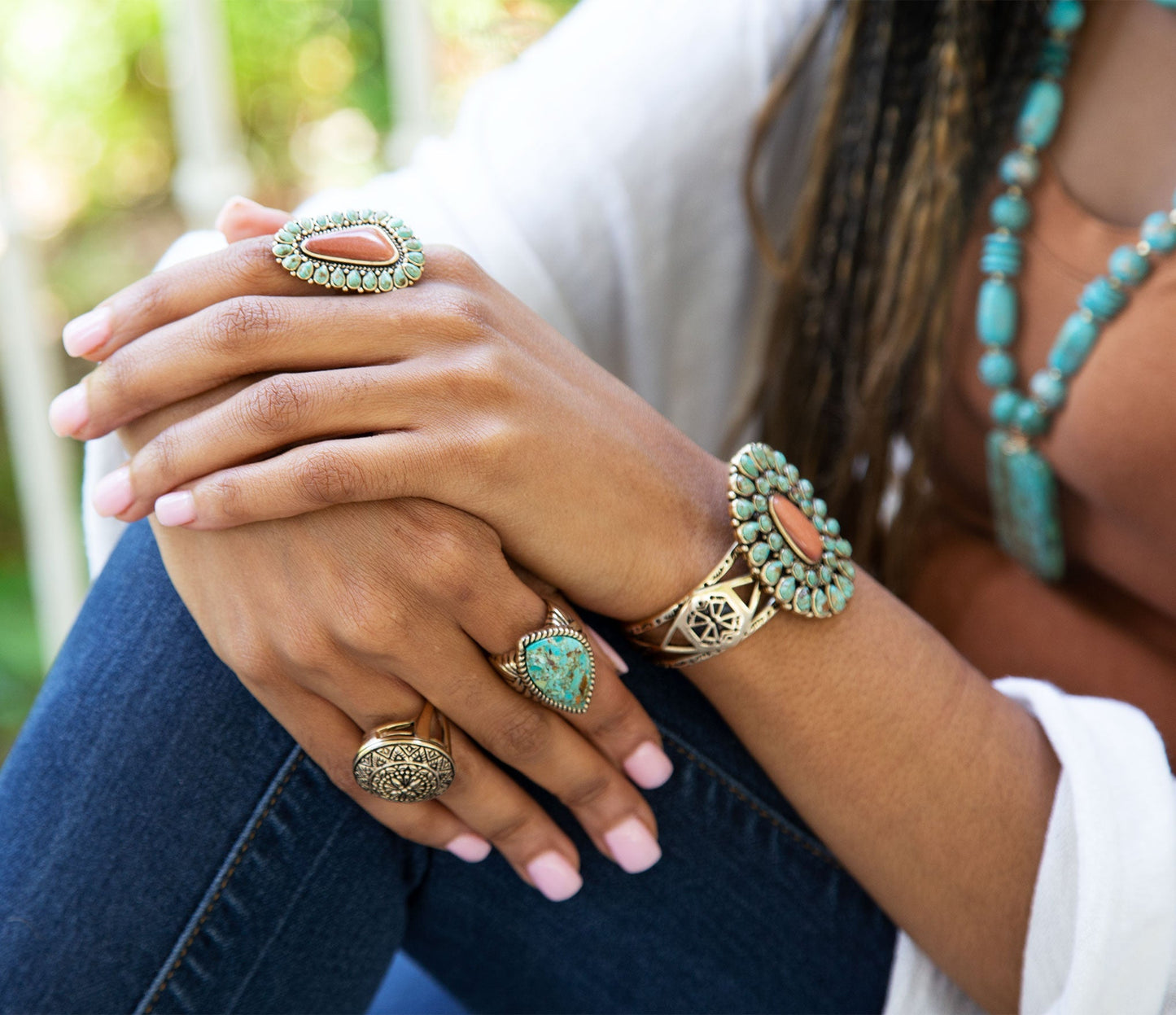 Sedona Blue Turquoise Orange Goldstone Golden Statement Ring