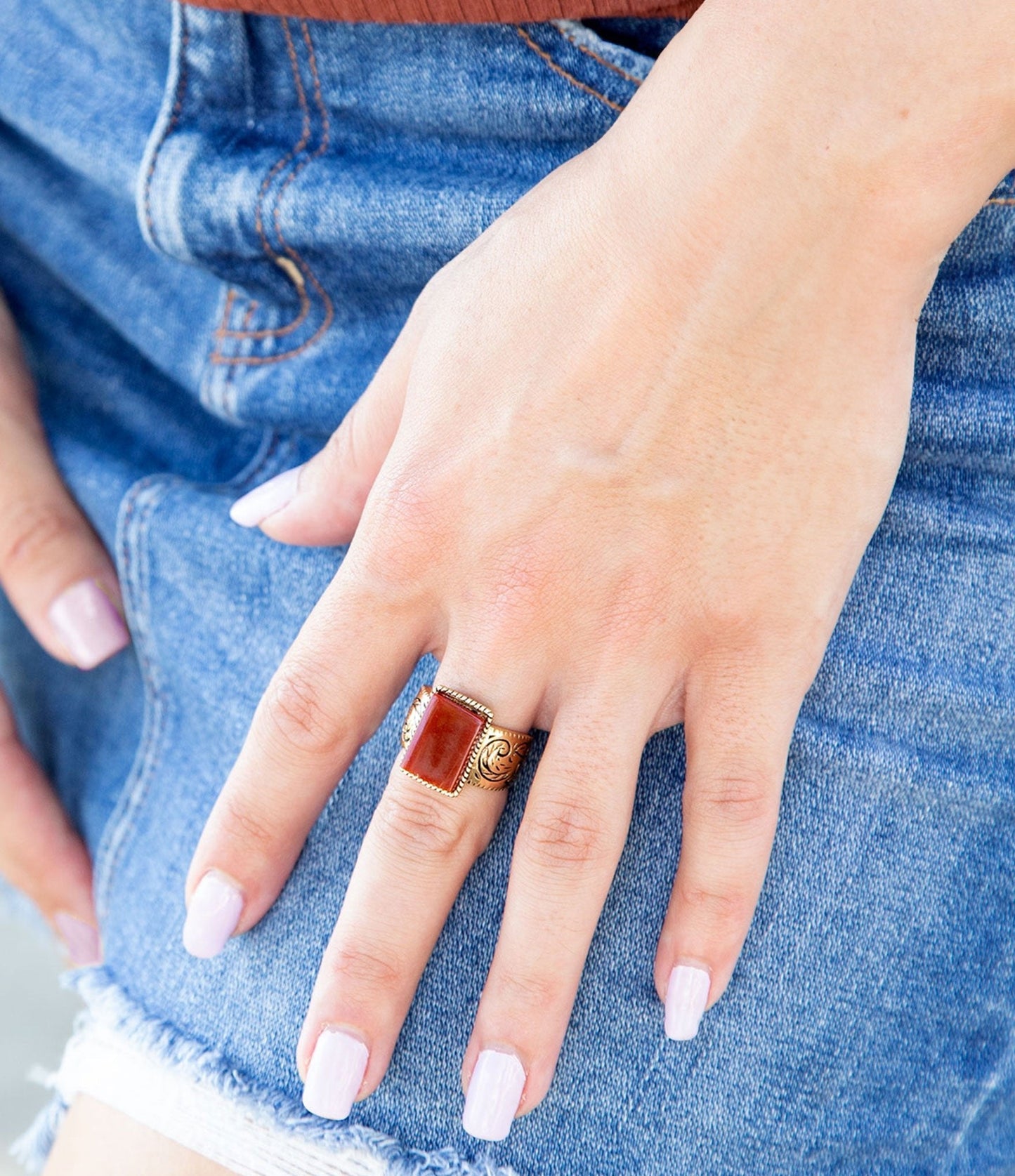 Stamped Orange Carnelian Golden Ring