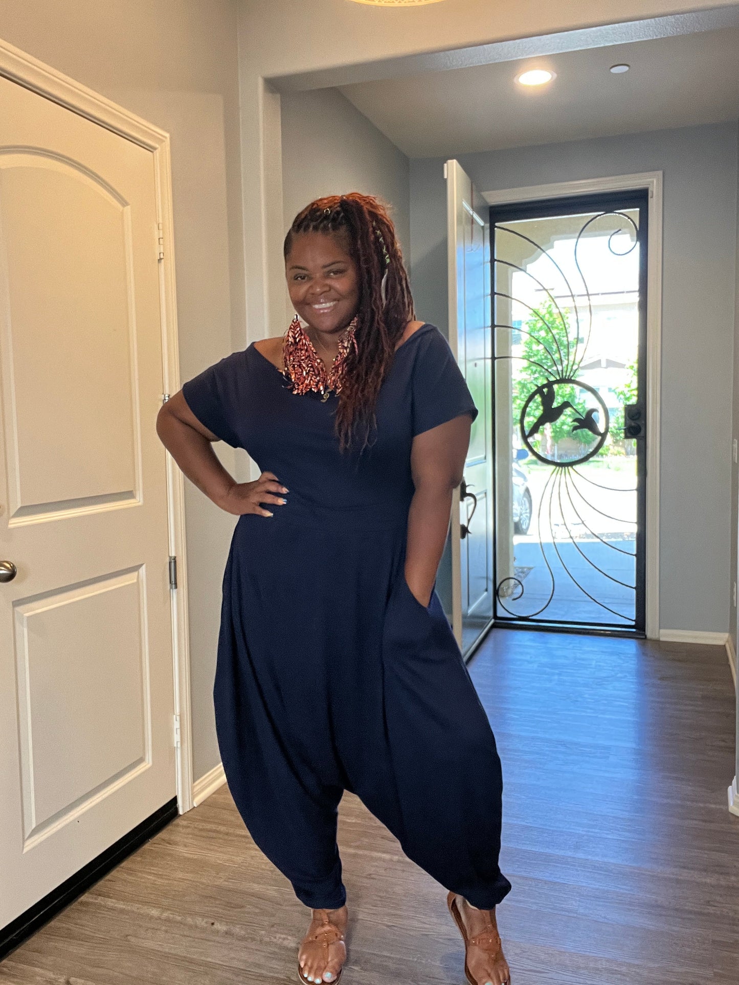 Women'S Plus Navy Off the Shoulder Harem Jumpsuit