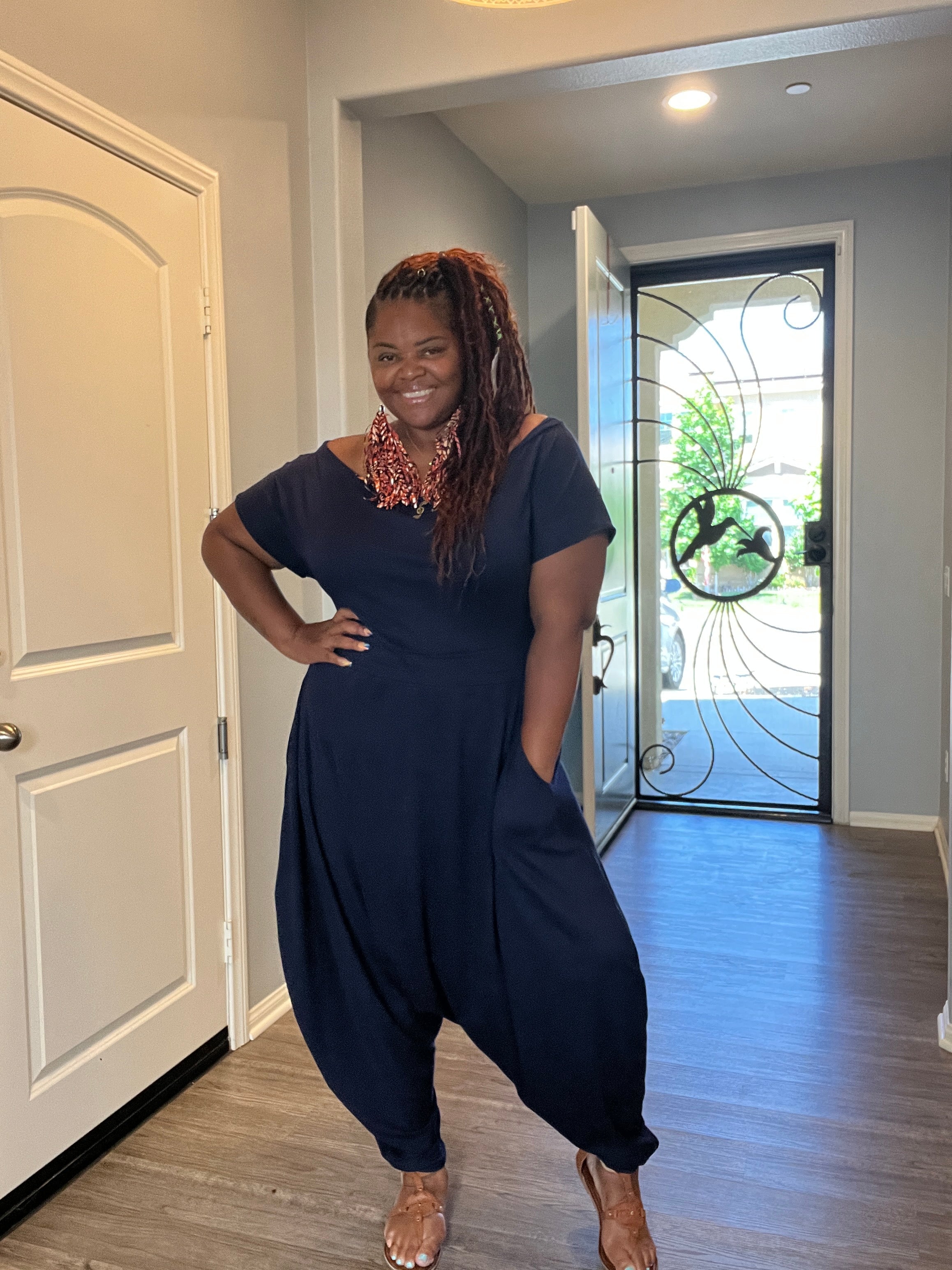 Women'S Plus Navy Off the Shoulder Harem Jumpsuit